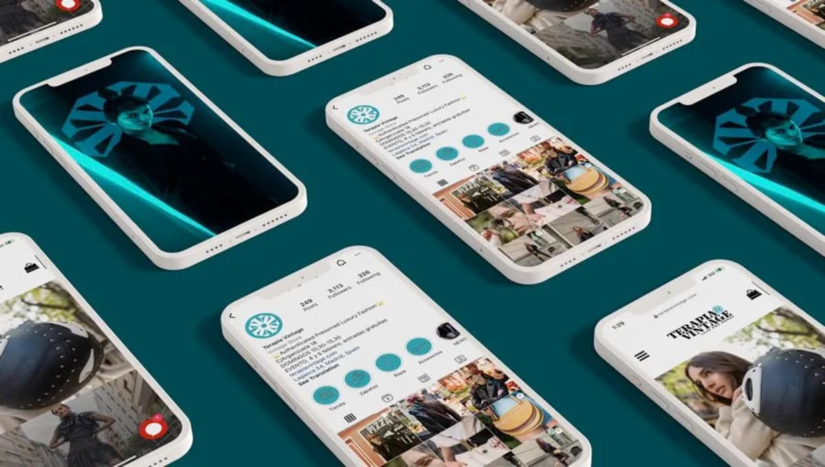 Mockups en móvil del perfil de Instagram y la web de Terapia Vintage, de Patricio Silva, alumno de Diseño Gráfico y Motion Graphics en TRAZOS