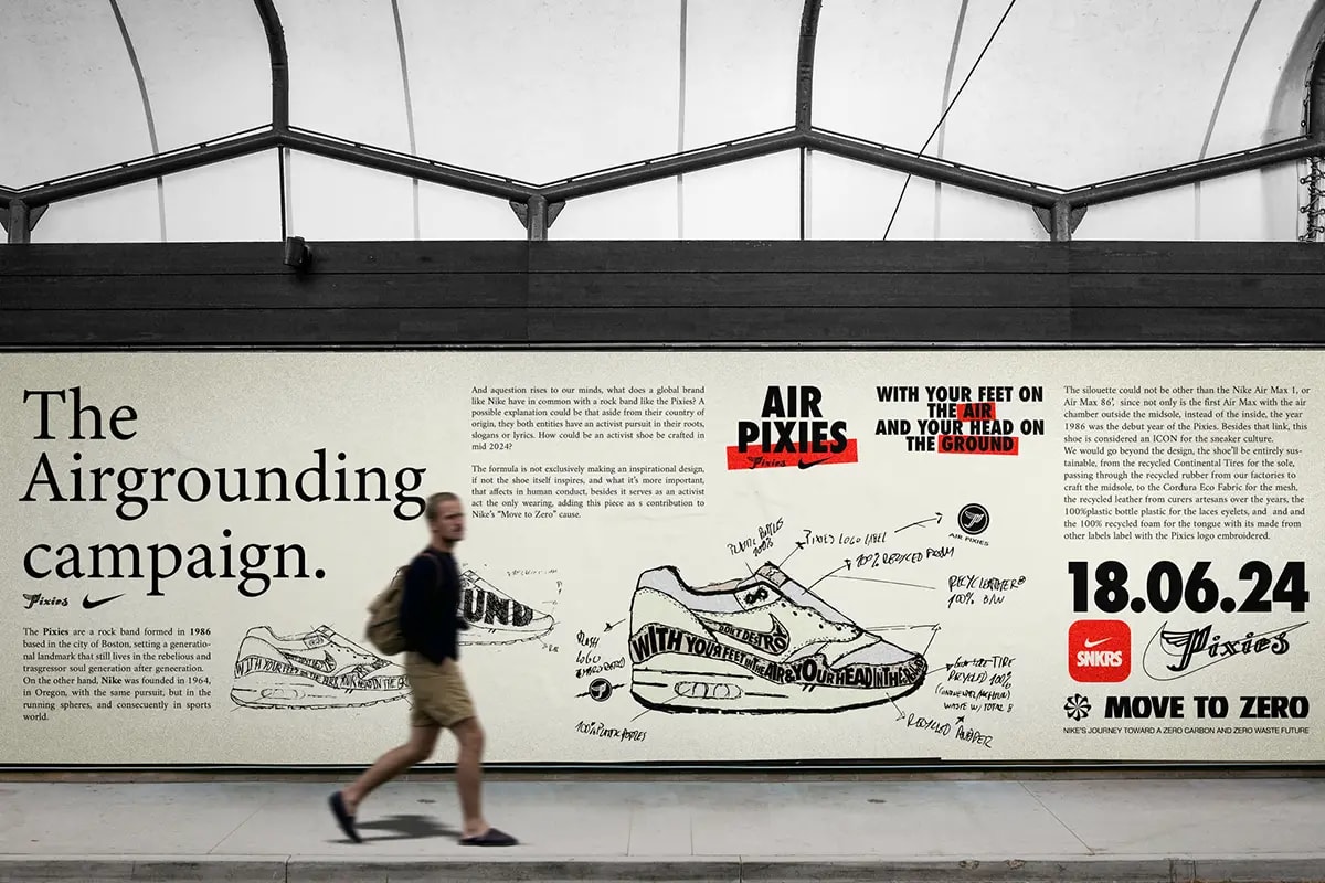 Cartel de la campaña 'Airgrounding' Nike x Pixies expuesto en una estación de metro con peatón pasando, de Jaime Herrero, alumno de Diseño Gráfico y Motion Graphics en TRAZOS