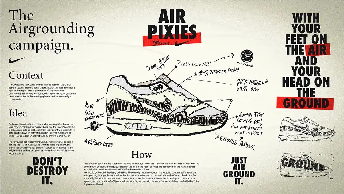 Infografía editorial de la campaña Air Pixies Nike con bocetos de zapatilla y textos tipográficos, de Jaime Herrero, alumno de Diseño Gráfico y Motion Graphics en TRAZOS