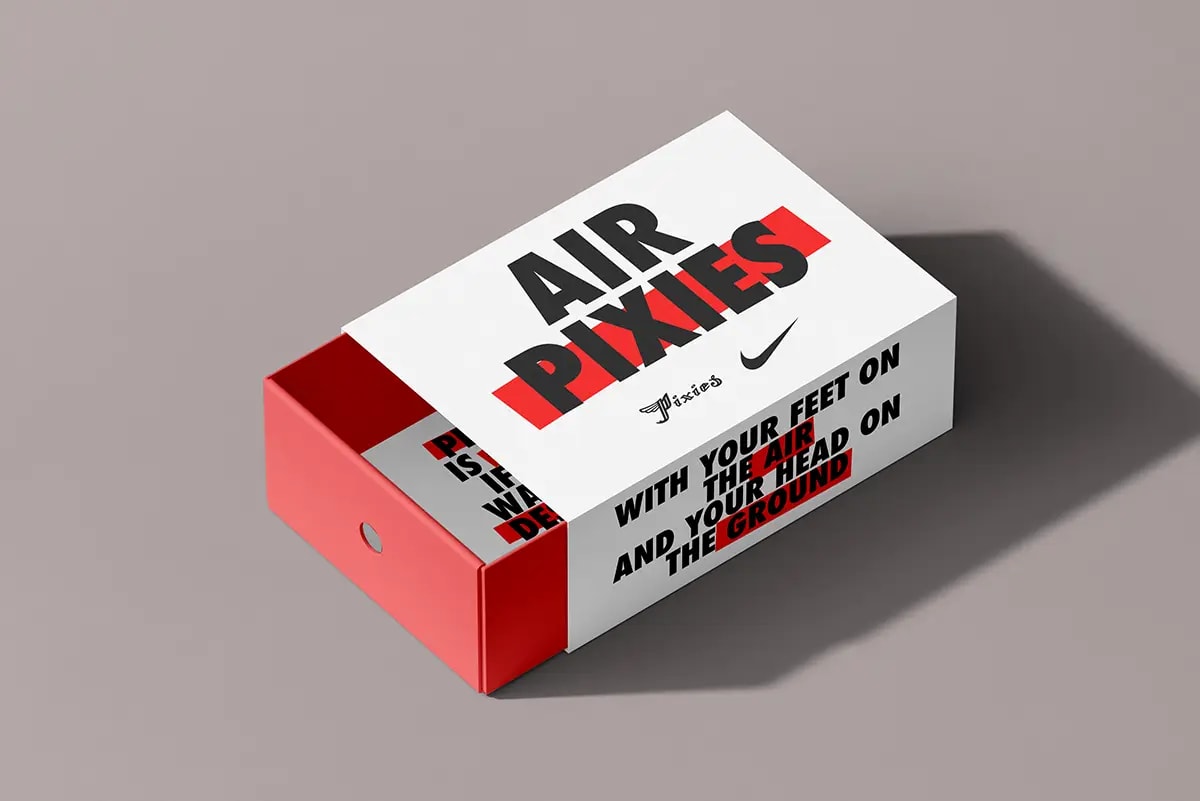 Mockup de caja de zapatillas Nike Air Pixies con diseño tipográfico en rojo y negro, de Jaime Herrero, alumno de Diseño Gráfico y Motion Graphics en TRAZOS
