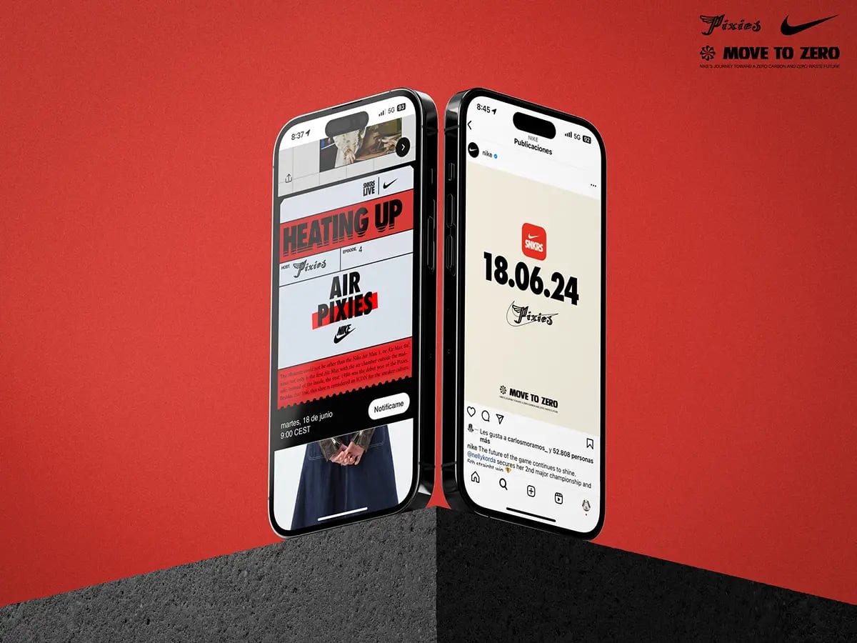 Dos móviles mostrando contenido digital de la campaña Nike x Pixies en Instagram y SNKRS, de Jaime Herrero, alumno de Diseño Gráfico y Motion Graphics en TRAZOS