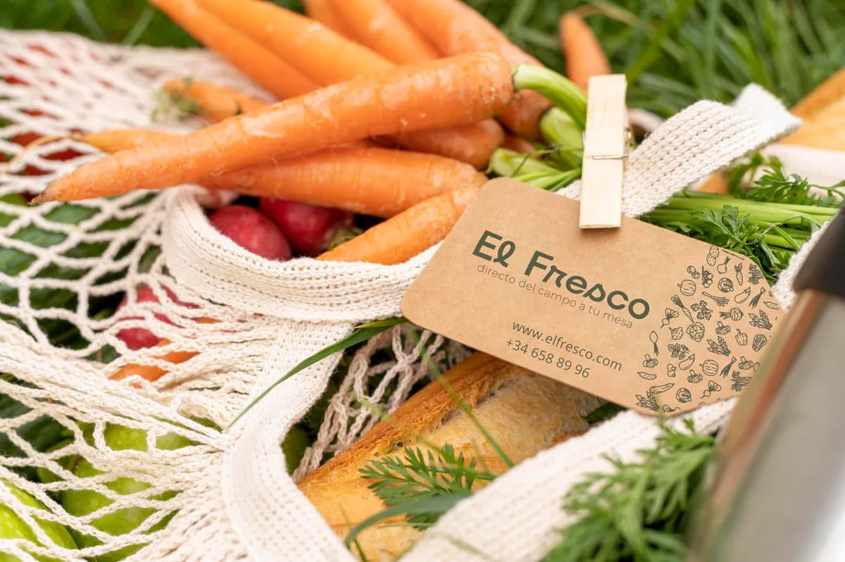 Etiqueta kraft de El Fresco prendida a una bolsa de malla con zanahorias y verduras frescas, de Olga Semchyshyna, alumna de Diseño Gráfico y Motion Graphics en TRAZOS