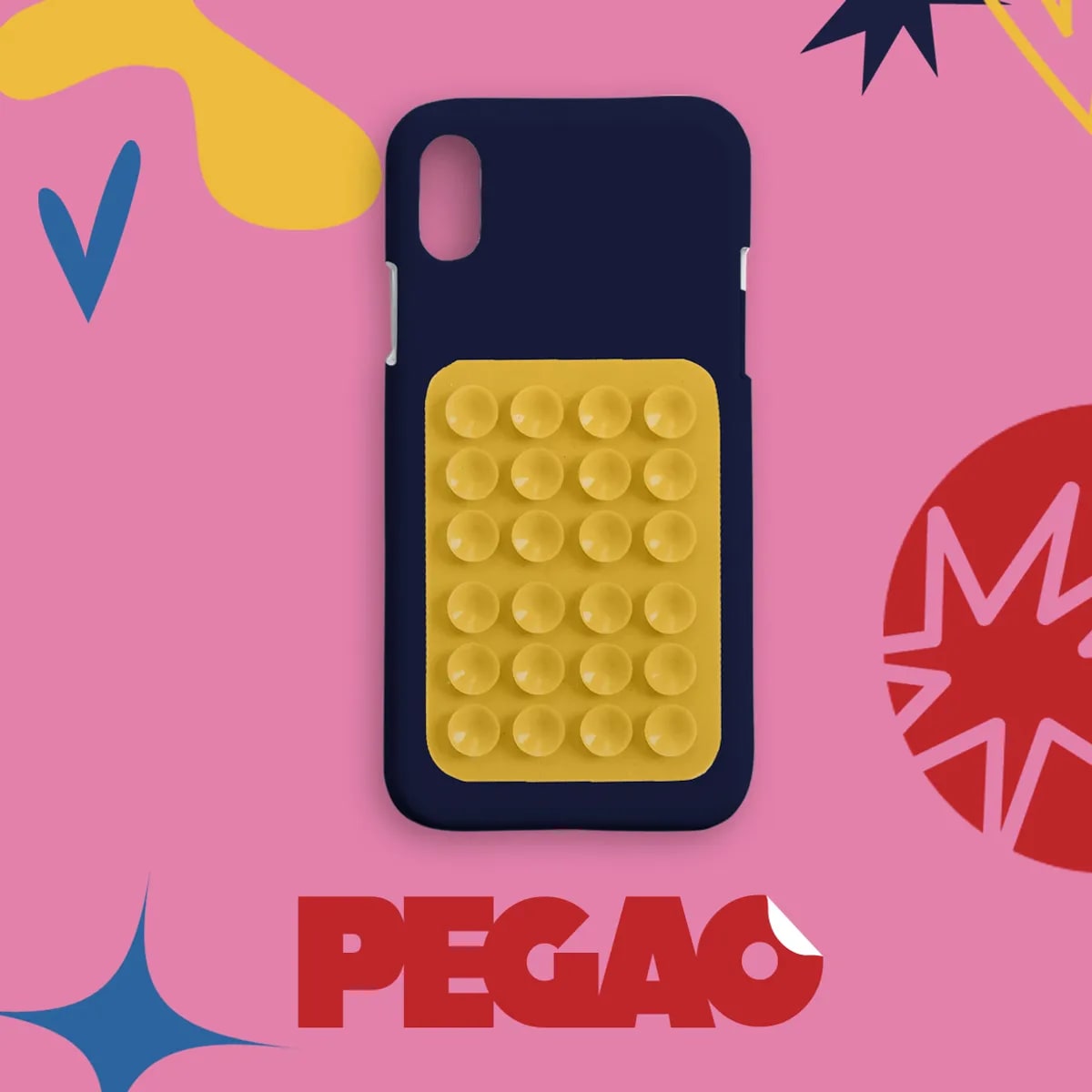 Funda de móvil con ventosas amarillas de la marca Pegao sobre fondo rosa, de Sara García Iglesias, alumna de Diseño Gráfico y Motion Graphics en TRAZOS