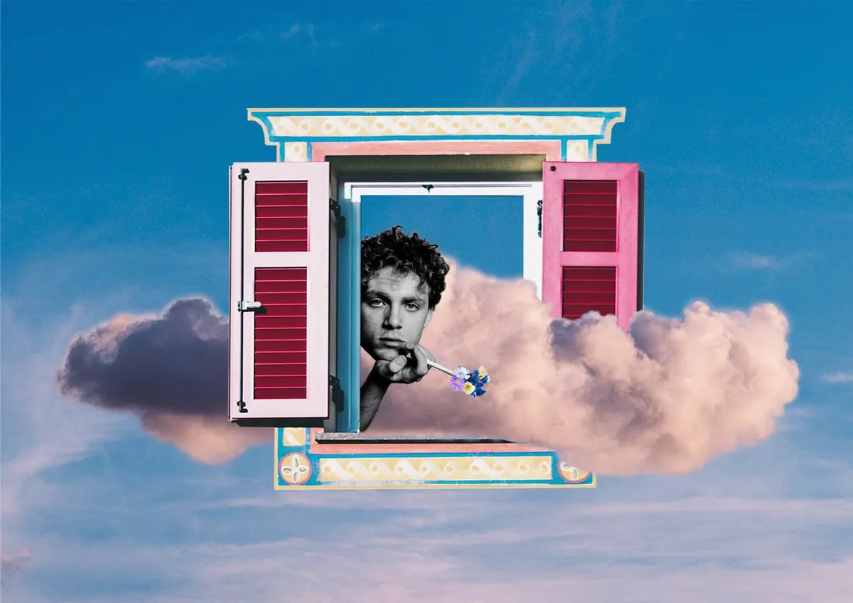 Collage surrealista con una ventana y nubes para la marca Pegao, de Sara García Iglesias, alumna de Diseño Gráfico y Motion Graphics en TRAZOS