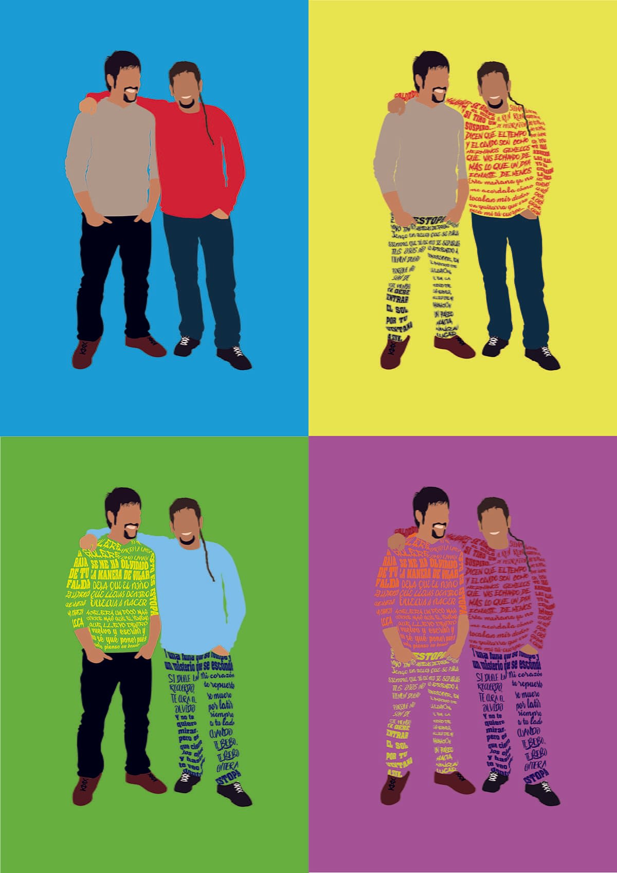 Ilustración pop art en cuatro colores del dúo Estopa con letras de canción formando la ropa, de Guillermo Gómez Barroso, alumno de Diseño Gráfico y Motion Graphics en TRAZOS