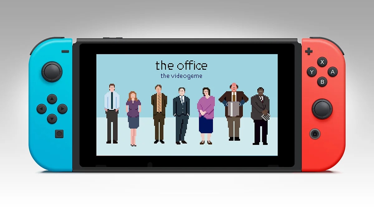 Concepto The Office the videogame en pixel art mostrado en una consola Nintendo Switch, de Guillermo Gómez Barroso, alumno de Diseño Gráfico y Motion Graphics en TRAZOS