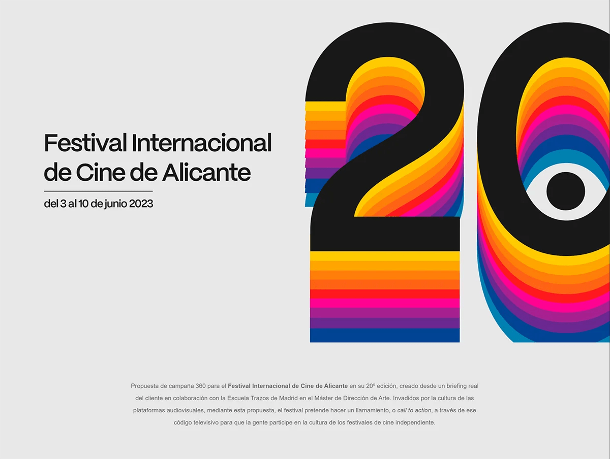 Cartel principal del Festival Internacional de Cine de Alicante con el número 20 en degradado y un ojo, de Alba Girón González, alumna de Diseño Gráfico y Motion Graphics en TRAZOS