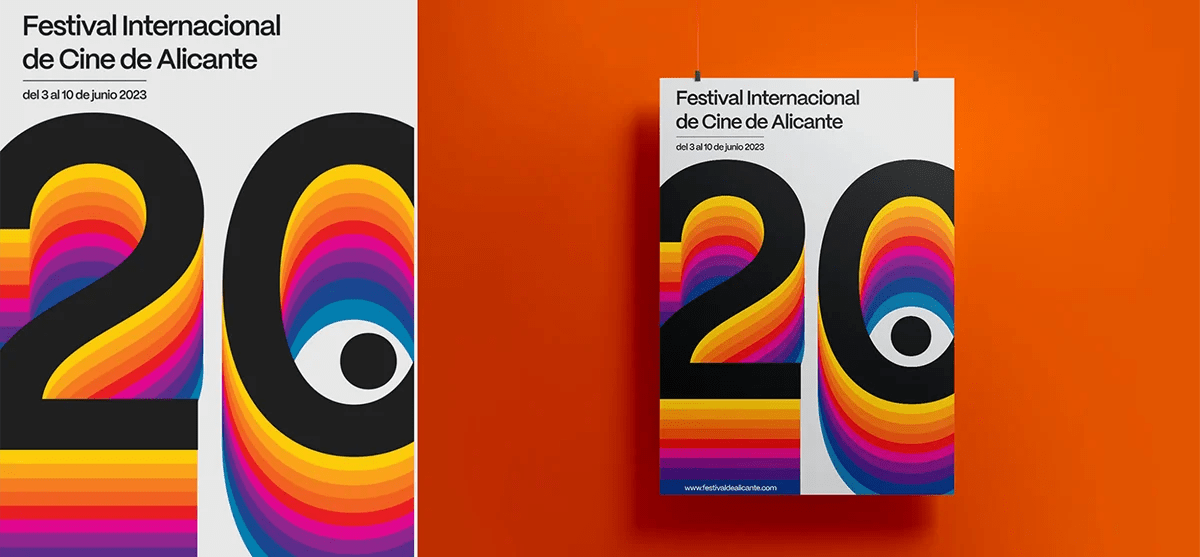 Cartel del Festival Internacional de Cine de Alicante colgado sobre un fondo naranja, de Alba Girón González, alumna de Diseño Gráfico y Motion Graphics en TRAZOS