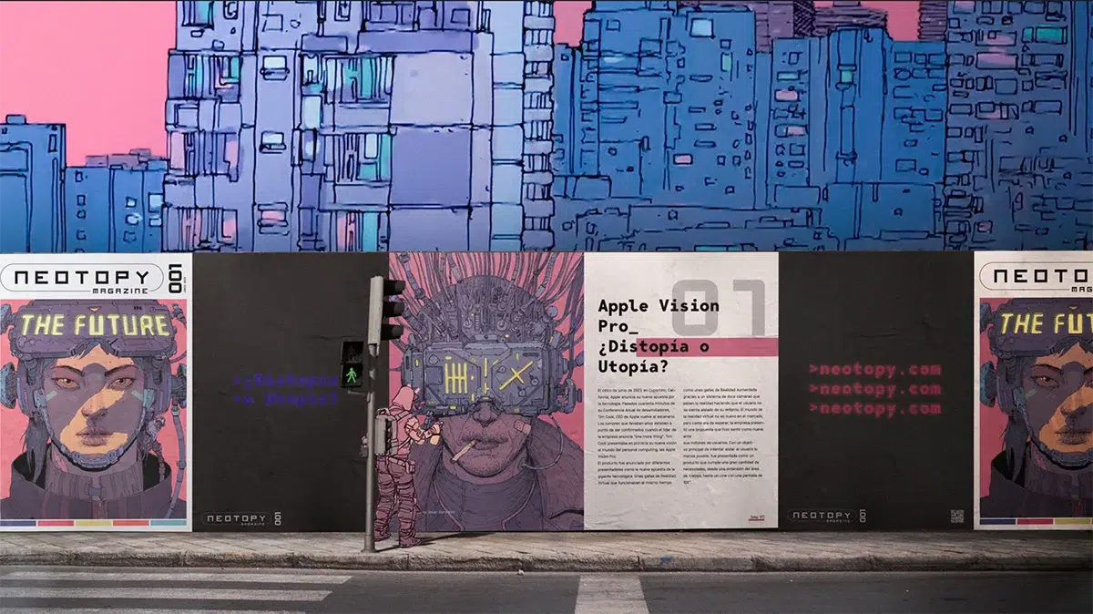 Vallas de la revista Neotopy instaladas en la calle con el tema The Future, de Gabriel Navacerrada Soriano, alumno de Diseño Gráfico y Motion Graphics en TRAZOS
