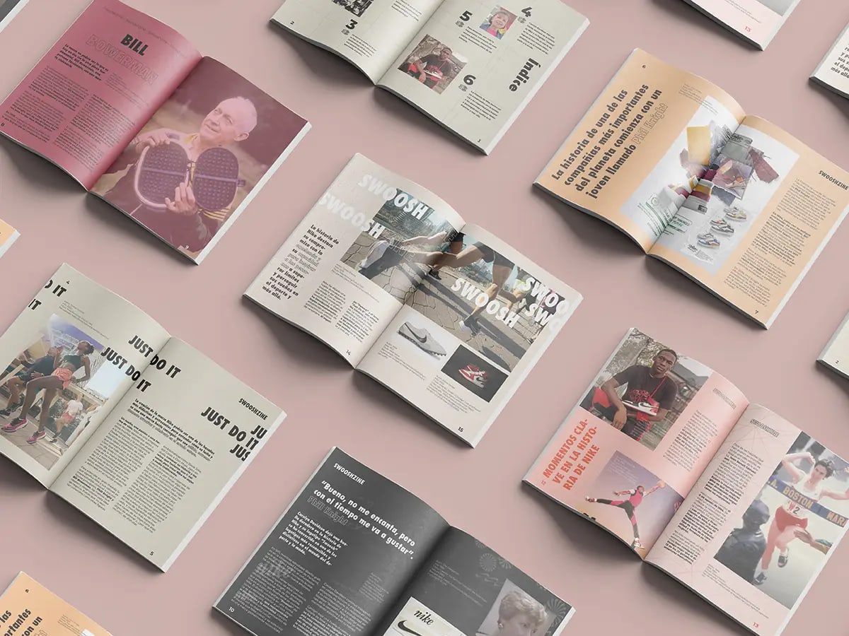 Páginas interiores del fanzine Swooshzine extendidas sobre fondo rosa, de Blanca Orzáez, alumna de Diseño Gráfico y Motion Graphics en TRAZOS