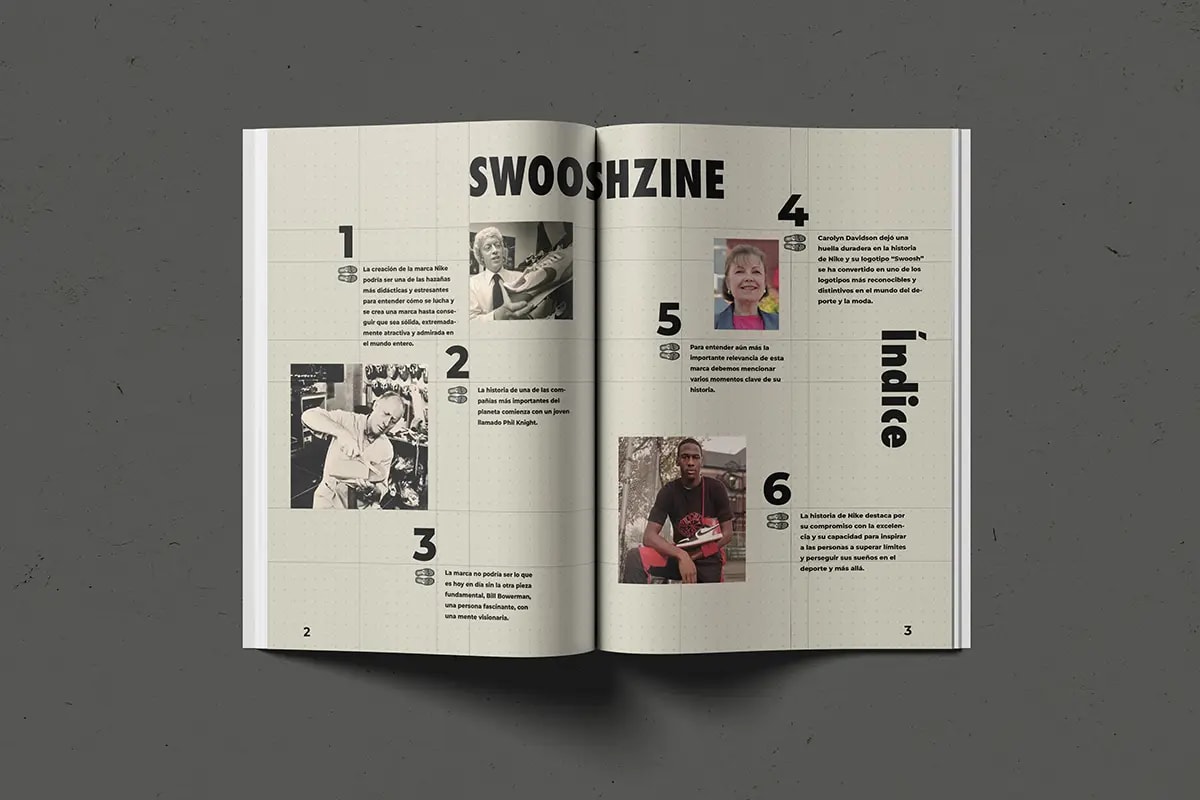 Doble página de índice del fanzine Swooshzine con numeración grande, de Blanca Orzáez, alumna de Diseño Gráfico y Motion Graphics en TRAZOS
