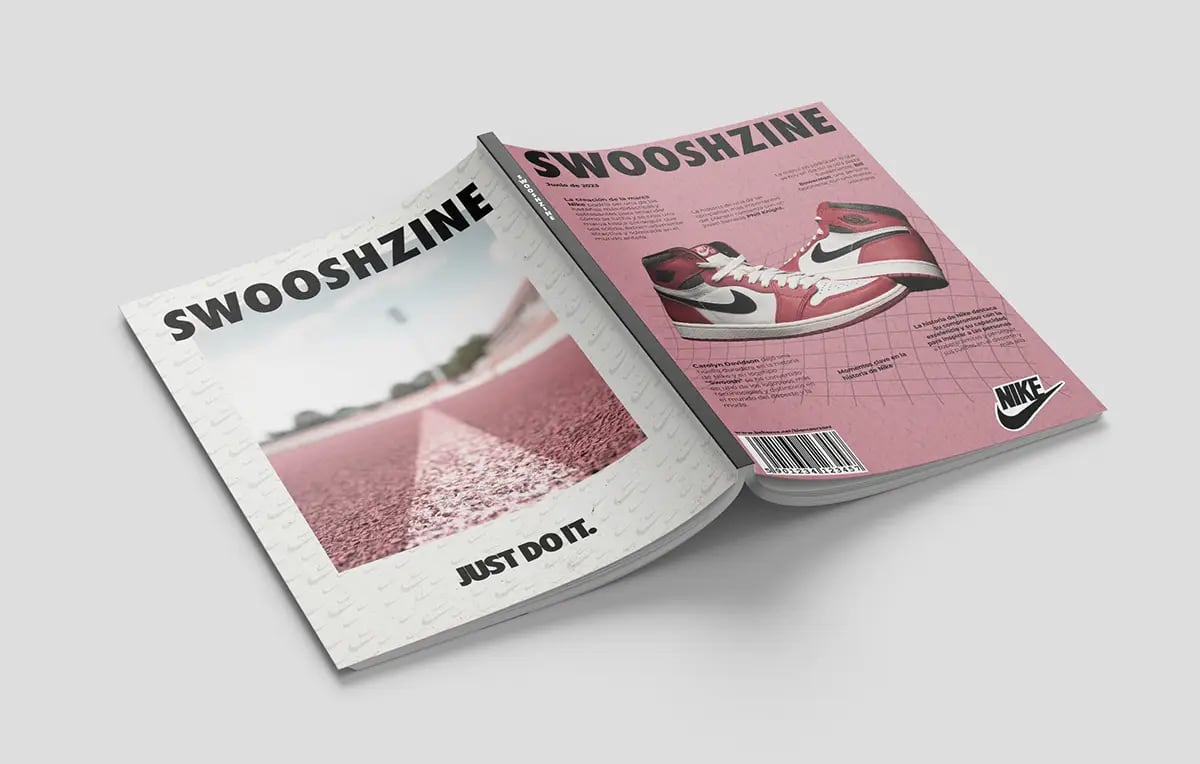 Portada y contraportada del fanzine Swooshzine, de Blanca Orzáez, alumna de Diseño Gráfico y Motion Graphics en TRAZOS