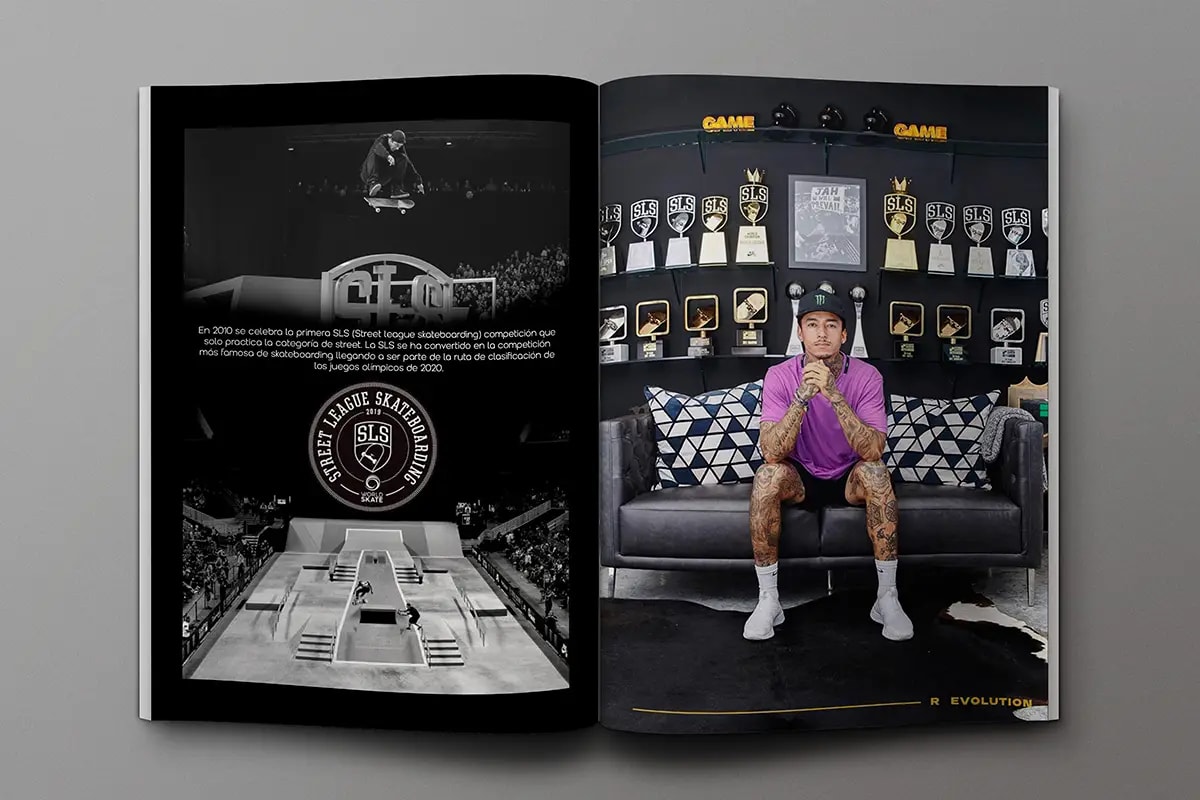 Doble página de la revista Skateboarding Evolution sobre la Street League Skateboarding, de Daniel Guijarro Domínguez, alumno de Diseño Gráfico y Motion Graphics en TRAZOS