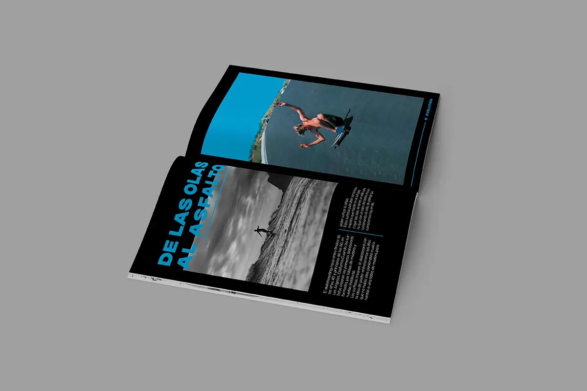 Doble página de la revista Skateboarding Evolution titulada de las olas al asfalto, de Daniel Guijarro Domínguez, alumno de Diseño Gráfico y Motion Graphics en TRAZOS