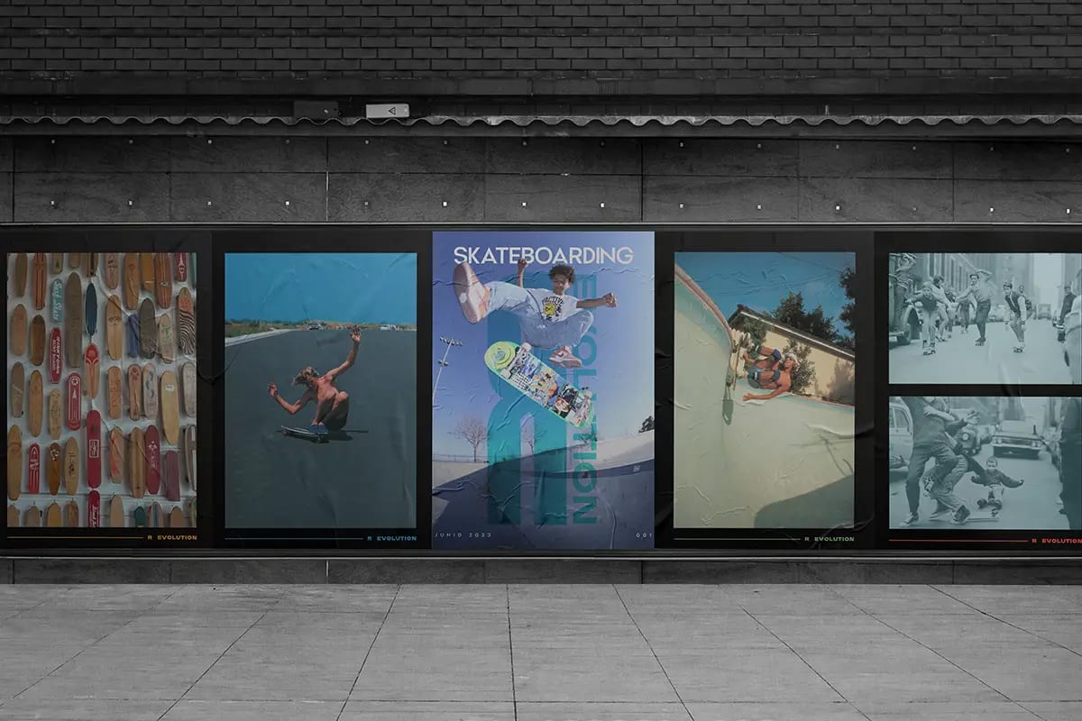 Carteles de la revista Skateboarding Evolution en una valla urbana, de Daniel Guijarro Domínguez, alumno de Diseño Gráfico y Motion Graphics en TRAZOS
