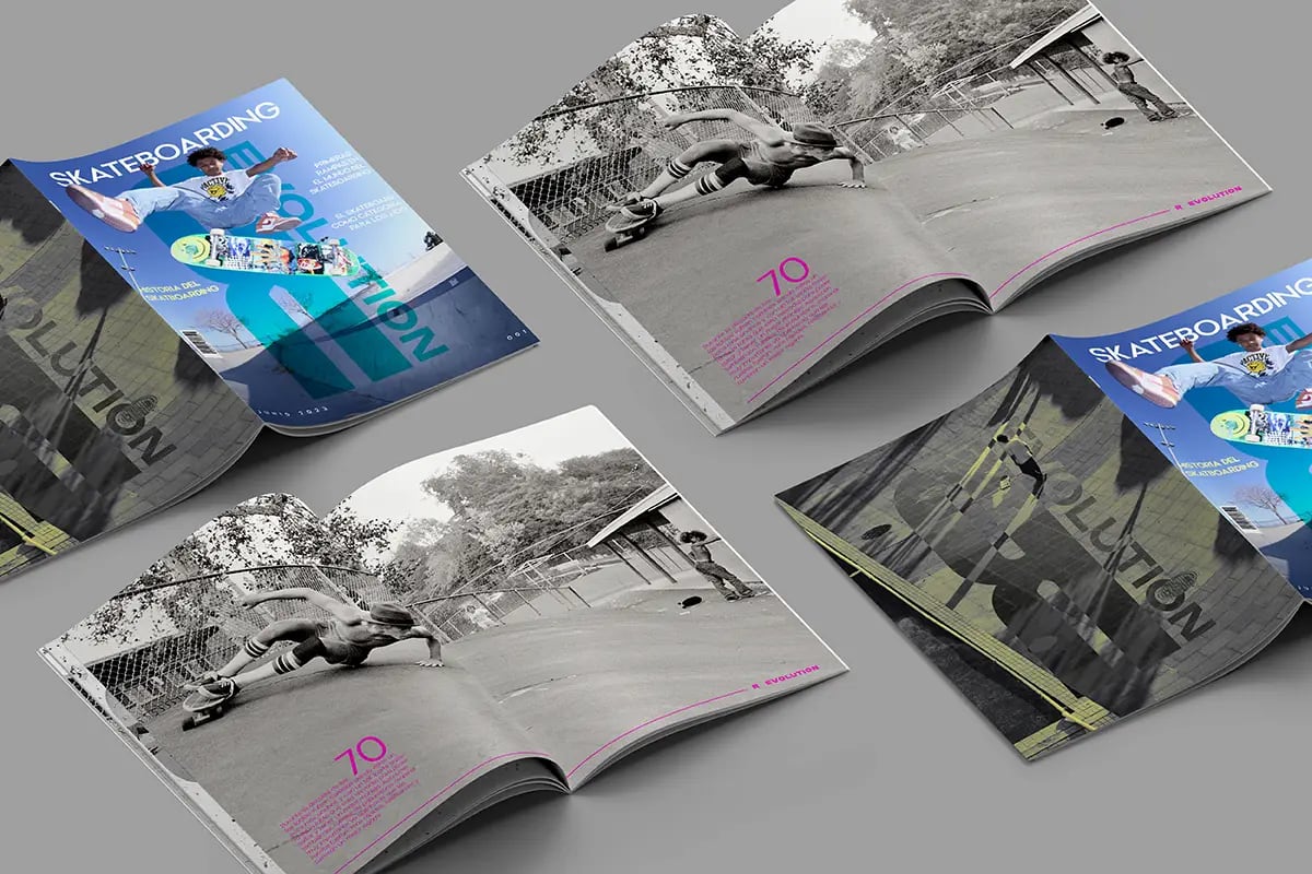 Ejemplares de la revista Skateboarding Evolution abiertos por la doble página de los años 70, de Daniel Guijarro Domínguez, alumno de Diseño Gráfico y Motion Graphics en TRAZOS