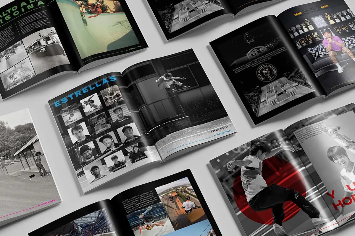 Conjunto de dobles páginas de la revista Skateboarding Evolution con la sección de estrellas del skate, de Daniel Guijarro Domínguez, alumno de Diseño Gráfico y Motion Graphics en TRAZOS