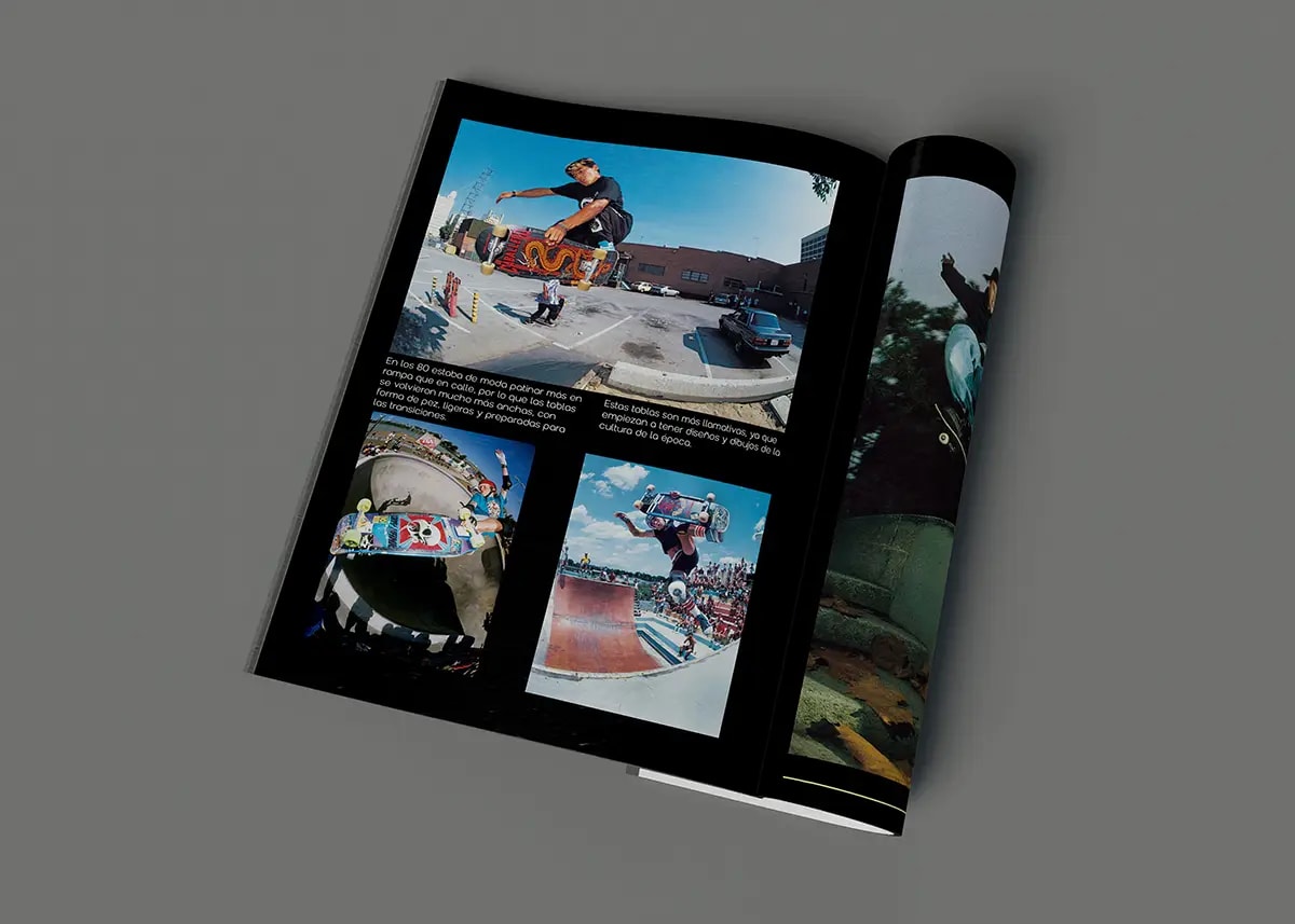Doble página de la revista Skateboarding Evolution con fotografías de skaters en bowls, de Daniel Guijarro Domínguez, alumno de Diseño Gráfico y Motion Graphics en TRAZOS