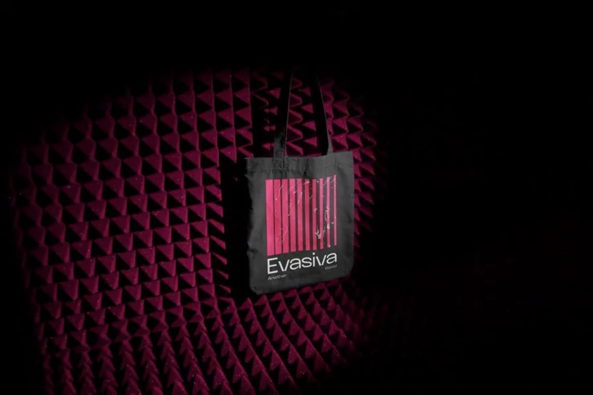 Bolsa de tela negra con el logotipo Evasiva sobre fondo de espuma acústica granate, de Miriam Paredes, alumna de Diseño Gráfico y Motion Graphics en TRAZOS