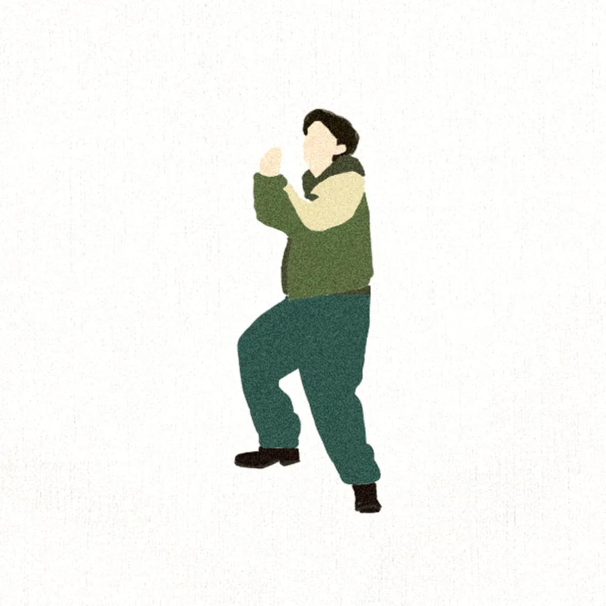 Ilustración minimalista de una persona bailando con ropa verde sobre fondo claro, de María José Labarca, alumna de Diseño Gráfico y Motion Graphics en TRAZOS