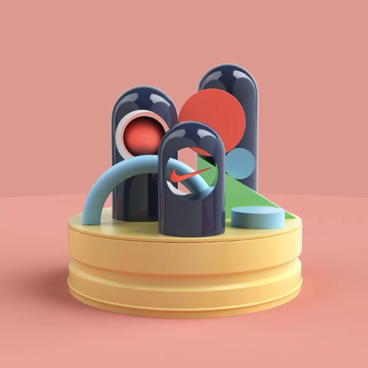 Render 3D de esculturas geométricas y abstractas con el logo de Nike sobre fondo rosa coral, de José Paredes, alumno de Diseño Gráfico y Motion Graphics en TRAZOS