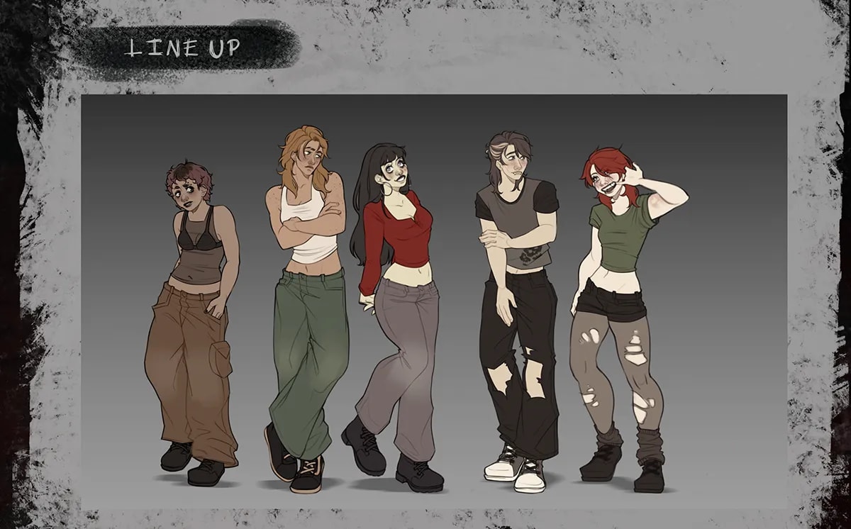 Line up de los cinco personajes del grupo en distintas poses con estética grunge, de Julia Aragoneses, alumna de Concept Art en TRAZOS