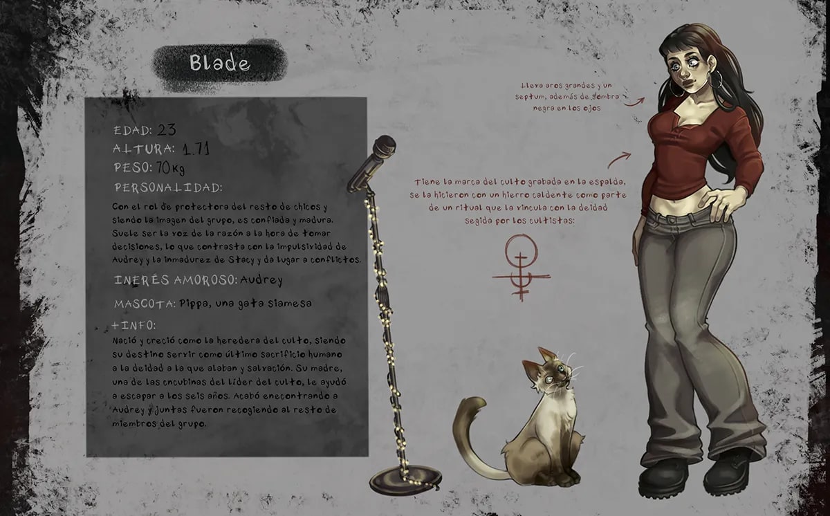 Ficha del personaje Blade, una joven de jersey rojo y vaqueros con su gata siamesa y descripción, de Julia Aragoneses, alumna de Concept Art en TRAZOS