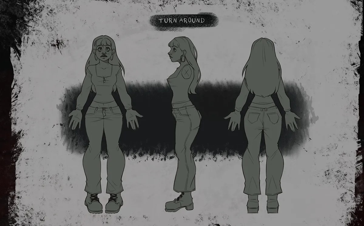 Turnaround en escala de grises del personaje Blade con vistas frontal, perfil y trasera, de Julia Aragoneses, alumna de Concept Art en TRAZOS