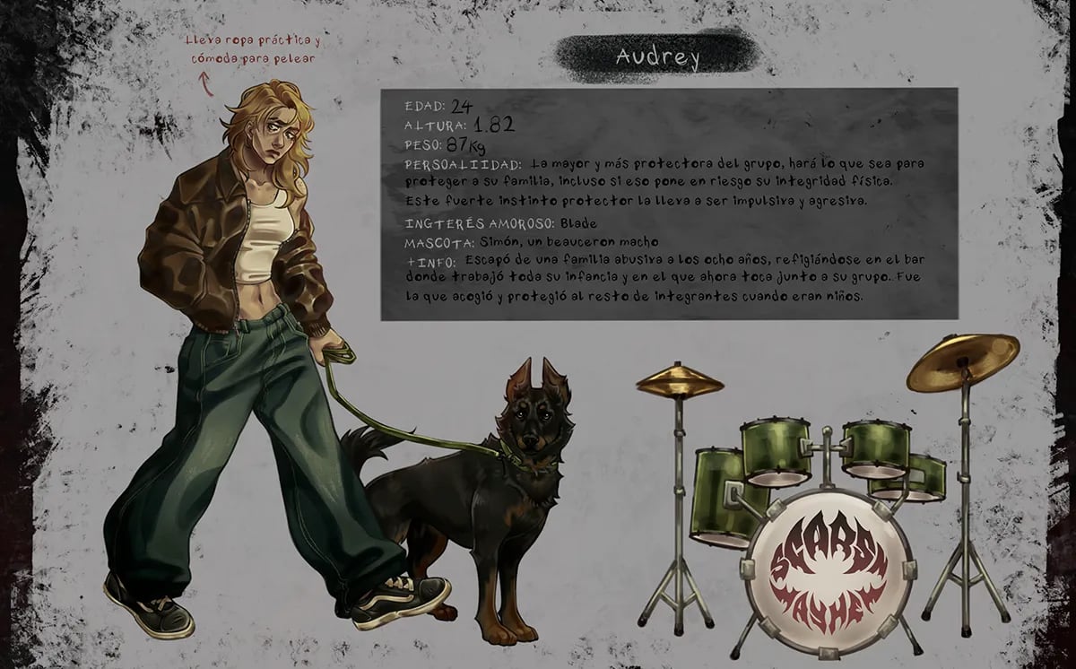 Ficha del personaje Audrey, una joven rubia con cazadora de camuflaje sujetando a su perro, junto a una batería, de Julia Aragoneses, alumna de Concept Art en TRAZOS