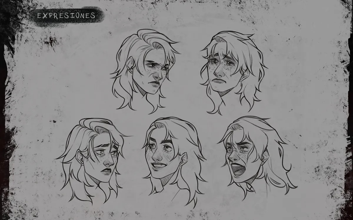 Hoja de expresiones faciales del personaje Audrey en lápiz, de Julia Aragoneses, alumna de Concept Art en TRAZOS
