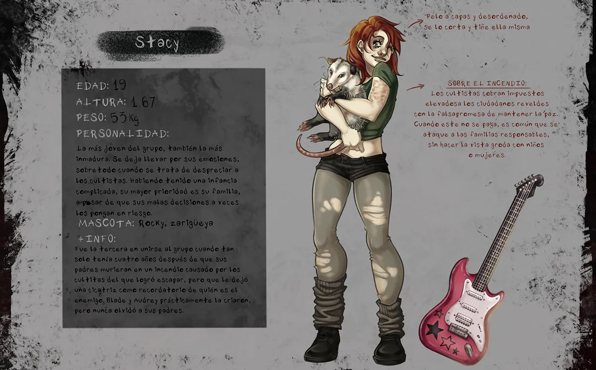 Ficha del personaje Stacy, una joven pelirroja con una zarigueya en brazos junto a una guitarra rosa, de Julia Aragoneses, alumna de Concept Art en TRAZOS
