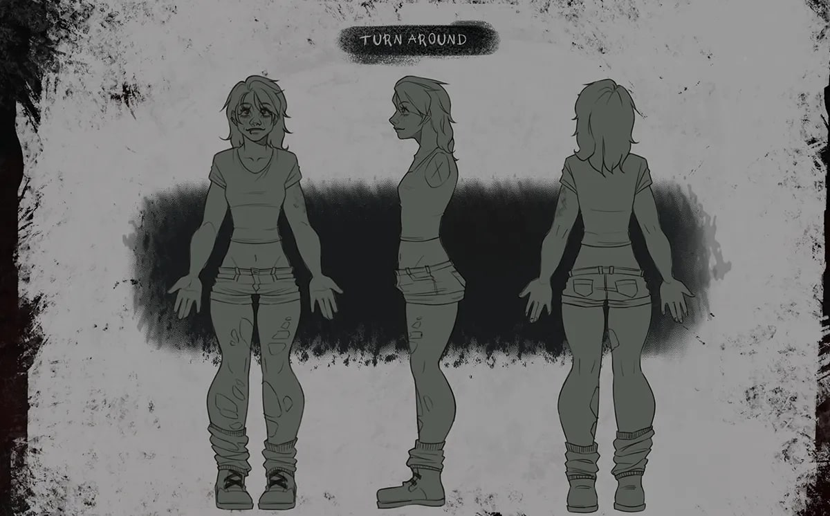 Turnaround en escala de grises del personaje Stacy con vistas frontal, perfil y trasera, de Julia Aragoneses, alumna de Concept Art en TRAZOS