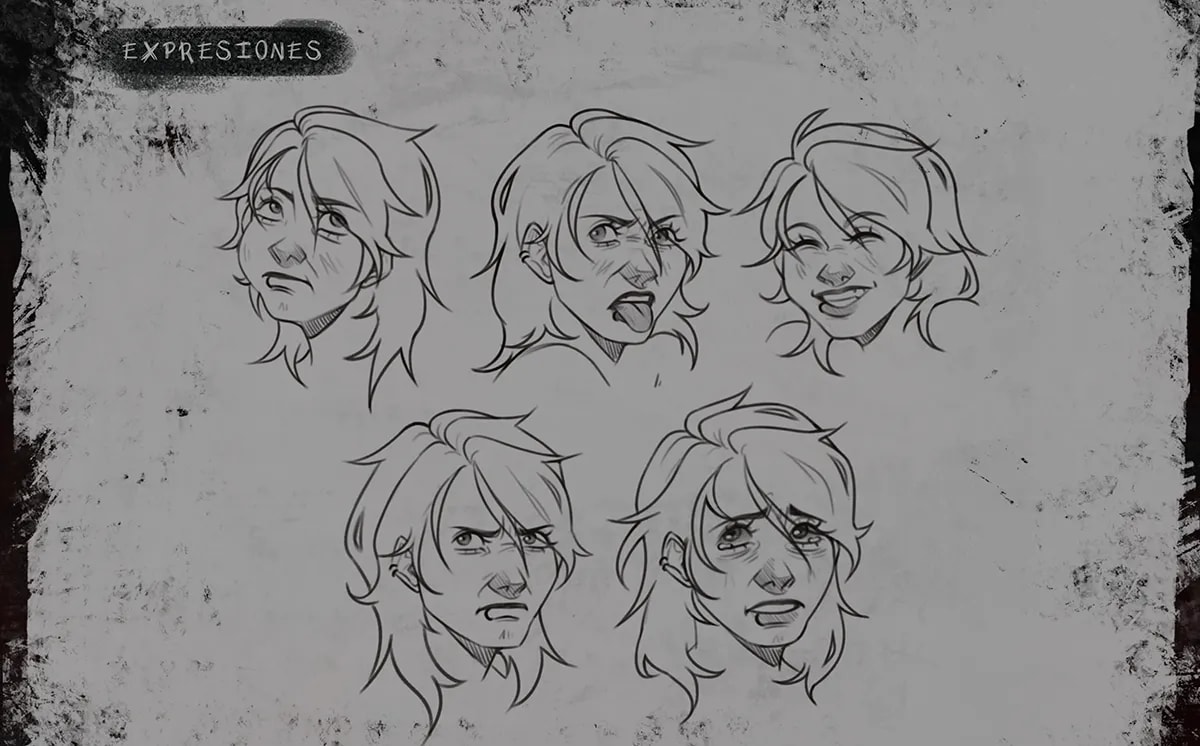 Hoja de expresiones faciales del personaje Stacy en lápiz, de Julia Aragoneses, alumna de Concept Art en TRAZOS