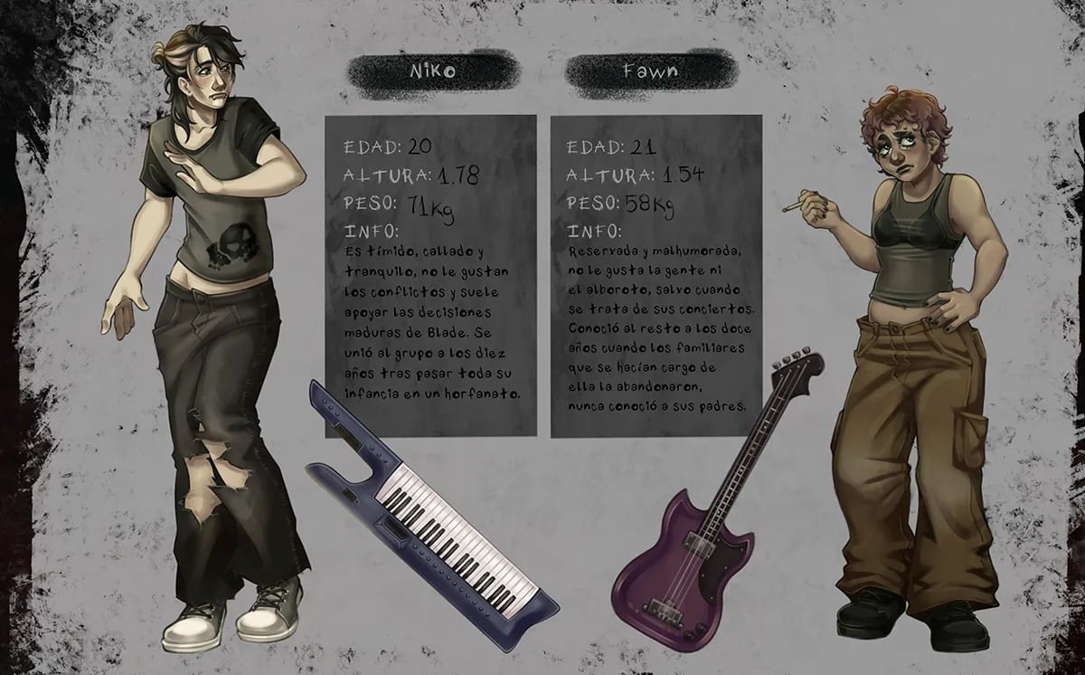 Fichas de los personajes Niko y Fawn con descripción, un teclado y una guitarra, de Julia Aragoneses, alumna de Concept Art en TRAZOS