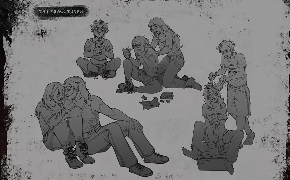 Hoja de estudio en grises con escenas de interacción entre los personajes del grupo, de Julia Aragoneses, alumna de Concept Art en TRAZOS