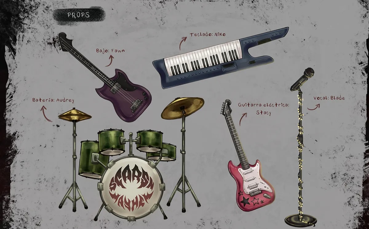 Hoja de props con los instrumentos del grupo asignados a cada personaje, batería, bajo, teclado, guitarra y micrófono, de Julia Aragoneses, alumna de Concept Art en TRAZOS