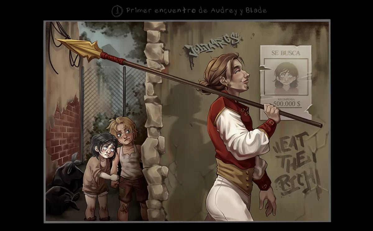 Ilustración de la escena del primer encuentro entre dos personajes, un joven con lanza ante un cartel de Se Busca y dos niñas en un callejón, de Julia Aragoneses, alumna de Concept Art en TRAZOS