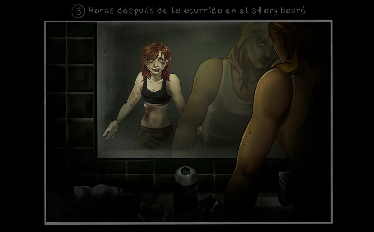 Ilustración de una chica pelirroja magullada reflejada en un espejo empañado mientras otra figura la observa, de Julia Aragoneses, alumna de Concept Art en TRAZOS