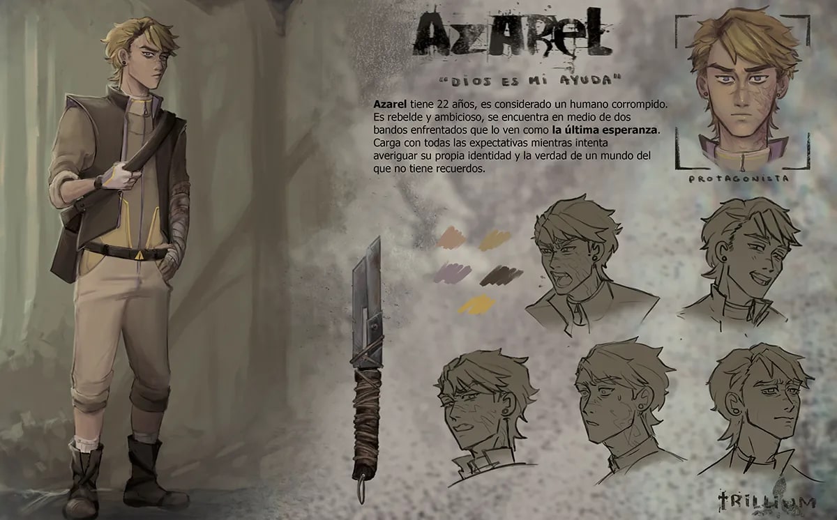 Concept art de la ficha del personaje Azael con estudio de cabeza y vestuario, de Alba Paniagua, alumno de Concept Art en TRAZOS