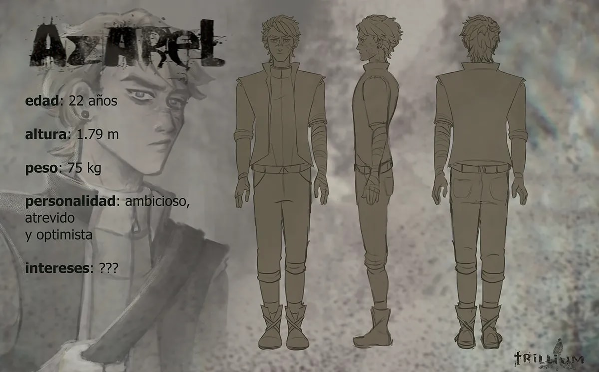 Concept art de el turnaround de cuerpo entero del personaje Azael, de Alba Paniagua, alumno de Concept Art en TRAZOS