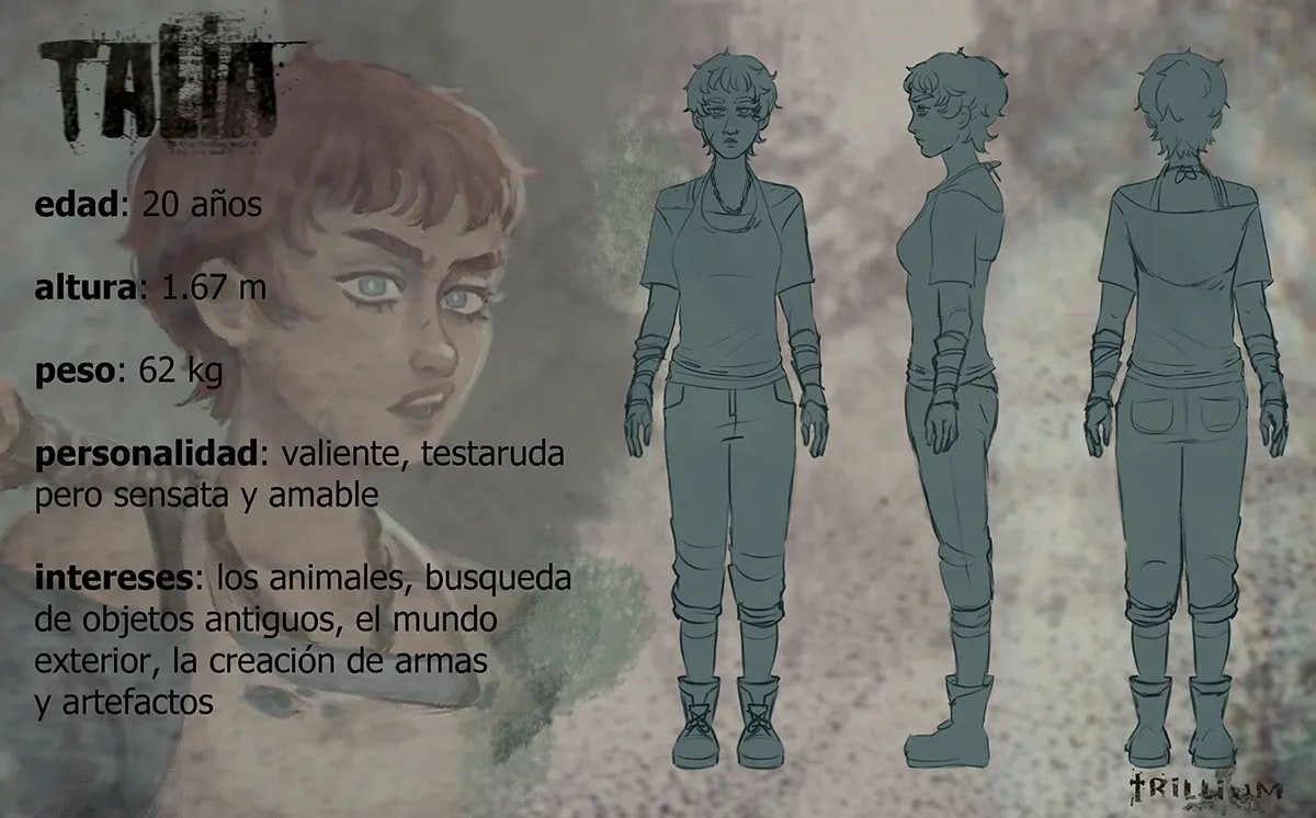 Concept art de la ficha del personaje Talia con datos y turnaround, de Alba Paniagua, alumno de Concept Art en TRAZOS