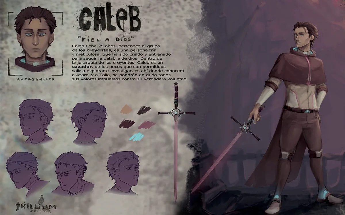 Concept art de la ficha del personaje Caleb con estudio de cabeza, de Alba Paniagua, alumno de Concept Art en TRAZOS