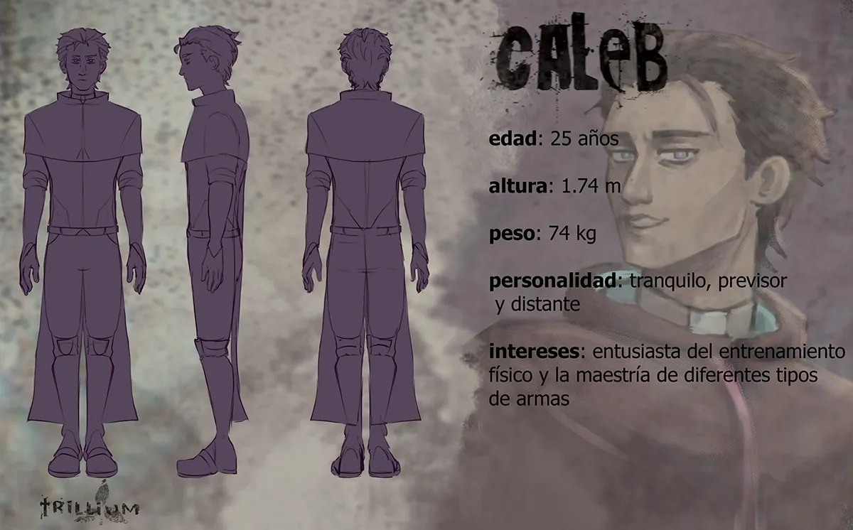 Concept art de el turnaround de cuerpo entero del personaje Caleb, de Alba Paniagua, alumno de Concept Art en TRAZOS