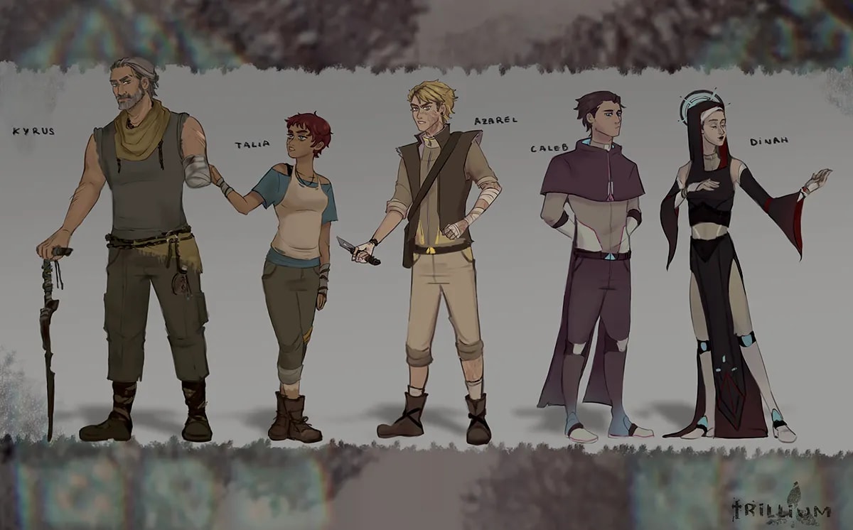 Concept art de una lámina con el reparto de personajes de Trillium en línea, de Alba Paniagua, alumno de Concept Art en TRAZOS