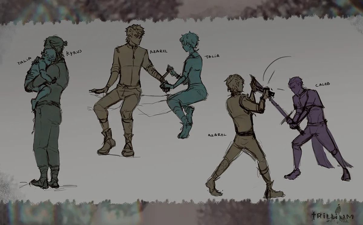 Concept art de una lámina con los personajes de Trillium en poses de acción, de Alba Paniagua, alumno de Concept Art en TRAZOS