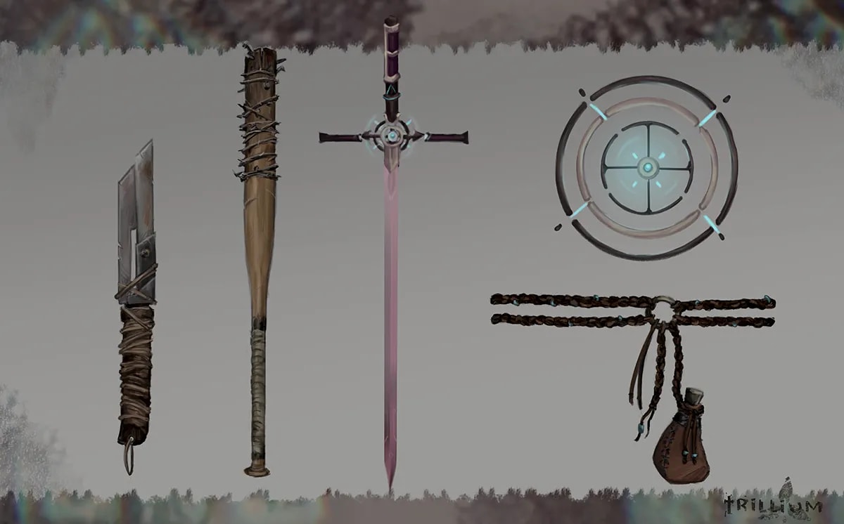 Concept art de el diseño de props y armas del proyecto Trillium, de Alba Paniagua, alumno de Concept Art en TRAZOS