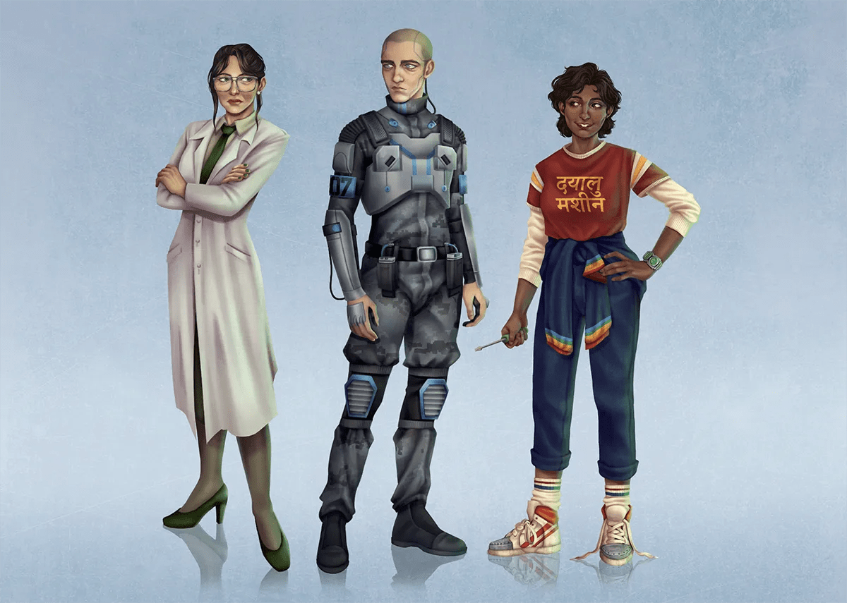 Concept art a color de los tres personajes de cuerpo entero sobre fondo azul, científica, soldado 07 y joven, de Eva de José, alumna de Concept Art en TRAZOS