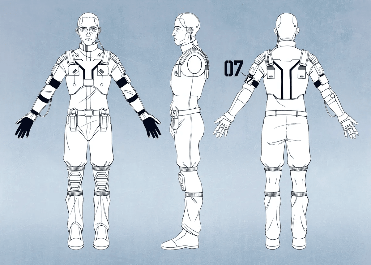 Diseño de personaje en línea con vistas frontal, perfil y trasera de un soldado con traje y número 07, de Eva de José, alumna de Concept Art en TRAZOS