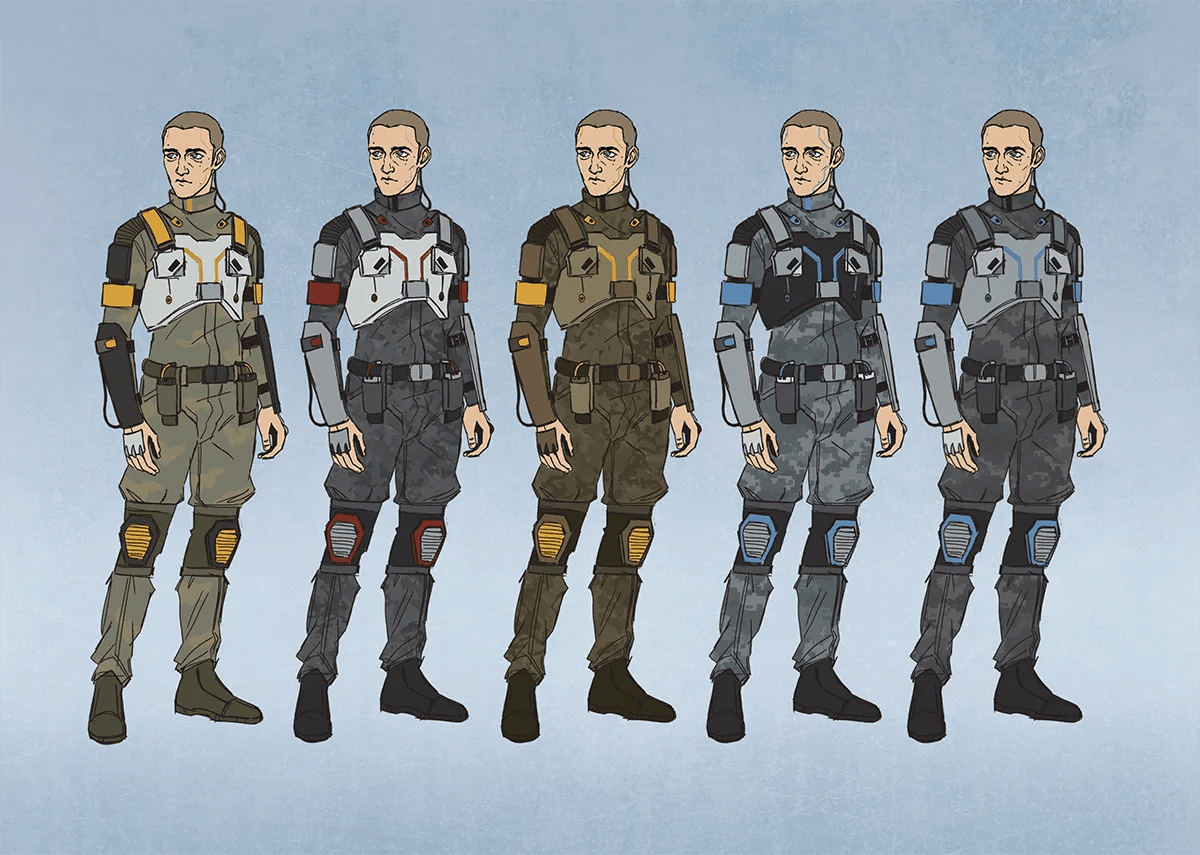Cinco variantes de color de la armadura de un soldado con peto y rodilleras, de Eva de José, alumna de Concept Art en TRAZOS