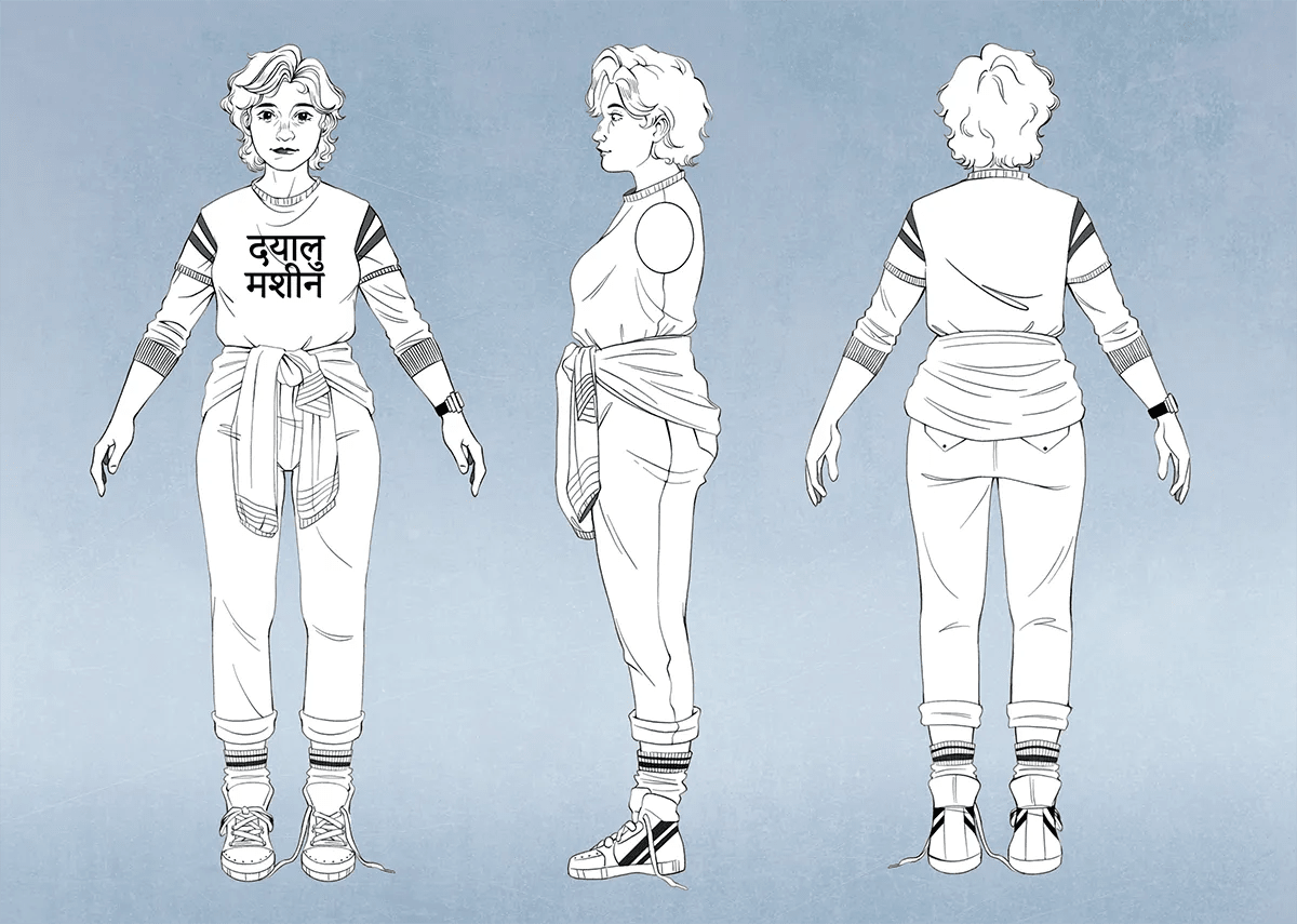 Diseño de personaje en línea con vistas frontal, perfil y trasera de una mujer con camiseta y chaqueta atada a la cintura, de Eva de José, alumna de Concept Art en TRAZOS